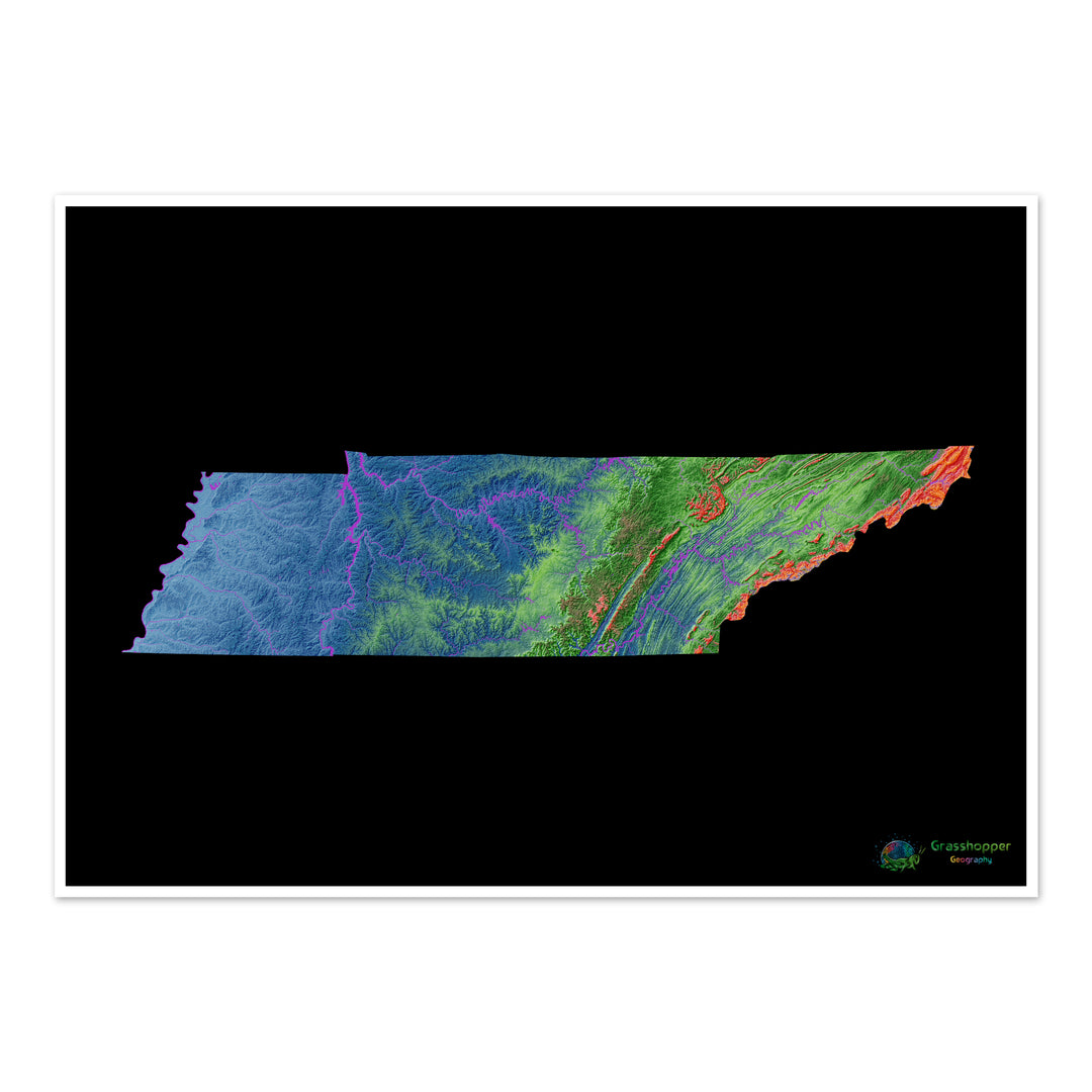 Tennessee - Elevation map, black - Fine Art Print