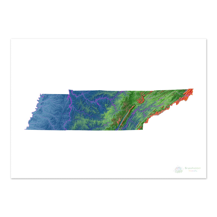 Tennessee - Mapa de elevación, blanco - Impresión de Bellas Artes