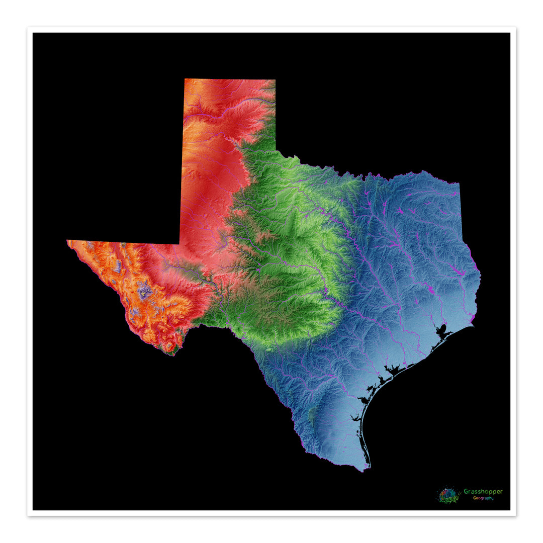 Texas - Mapa de elevación, negro - Impresión de Bellas Artes