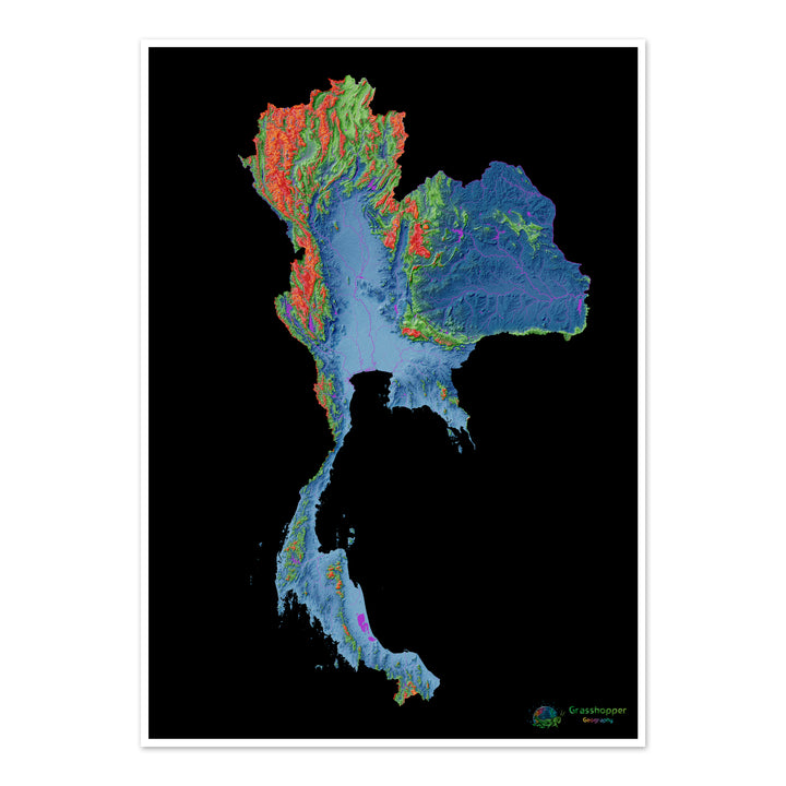 Thaïlande - Carte d'élévation, noir - Tirage d'art