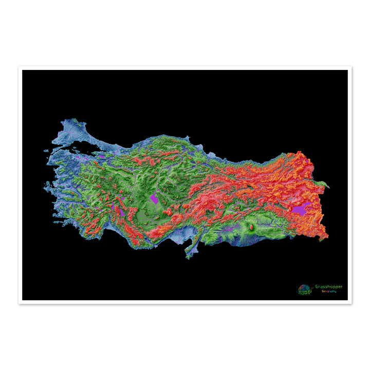 Elevation map of Turkey with black background - Fine Art Print
