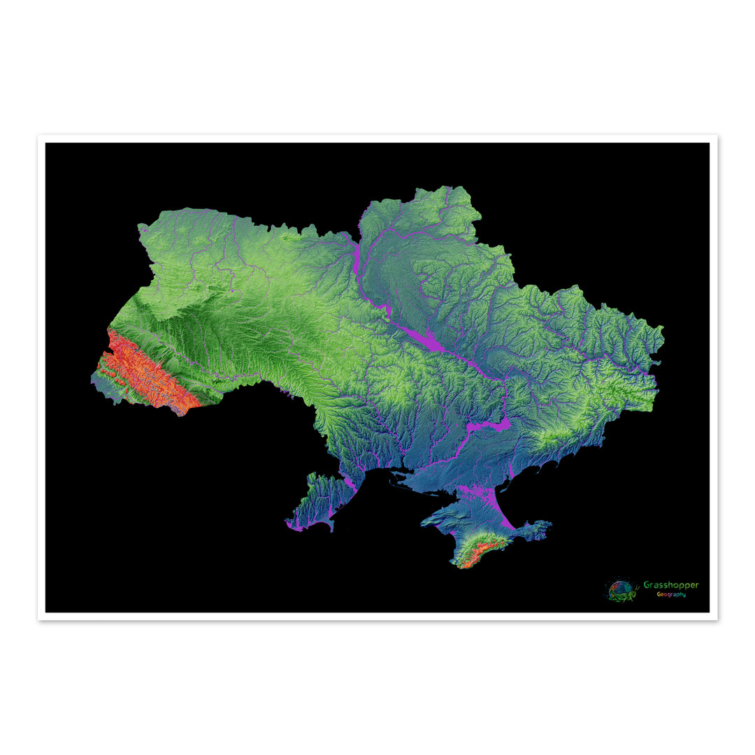Ucrania - Mapa de elevación, negro - Impresión de Bellas Artes