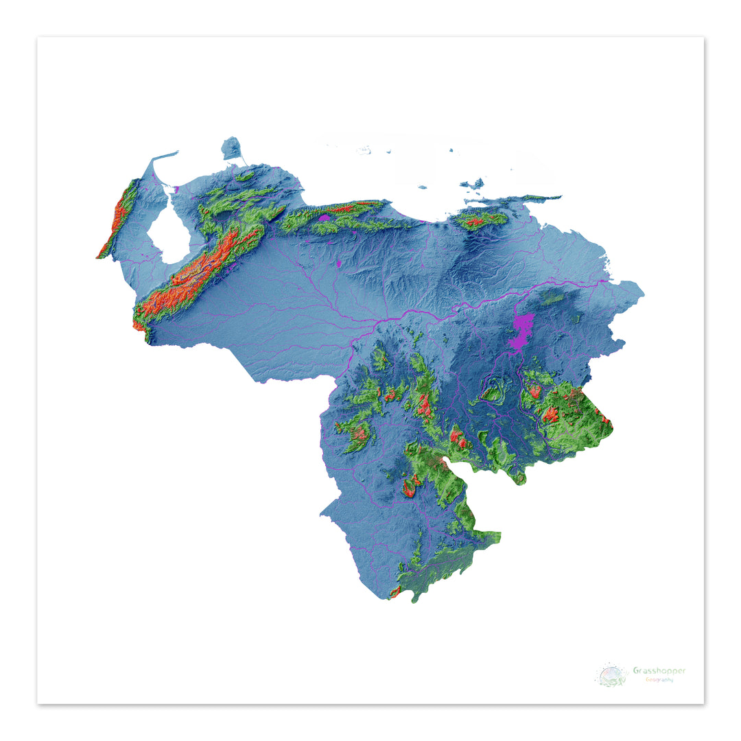 Venezuela - Mapa de elevación, blanco - Impresión de Bellas Artes
