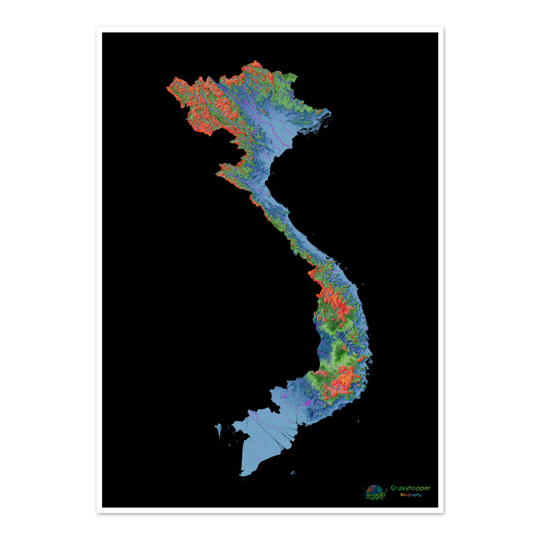 Vietnam - Mapa de elevación, negro - Impresión de Bellas Artes