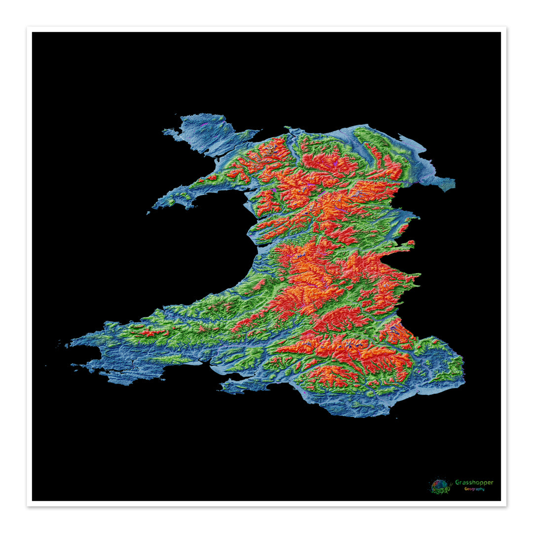 Wales - Elevation map, black - Fine Art Print