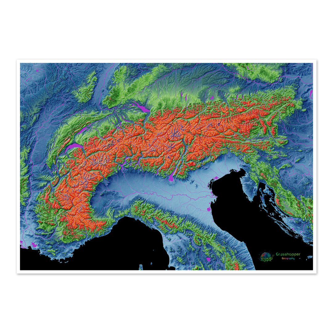 Les Alpes - Carte d'élévation, noir - Tirage d'art