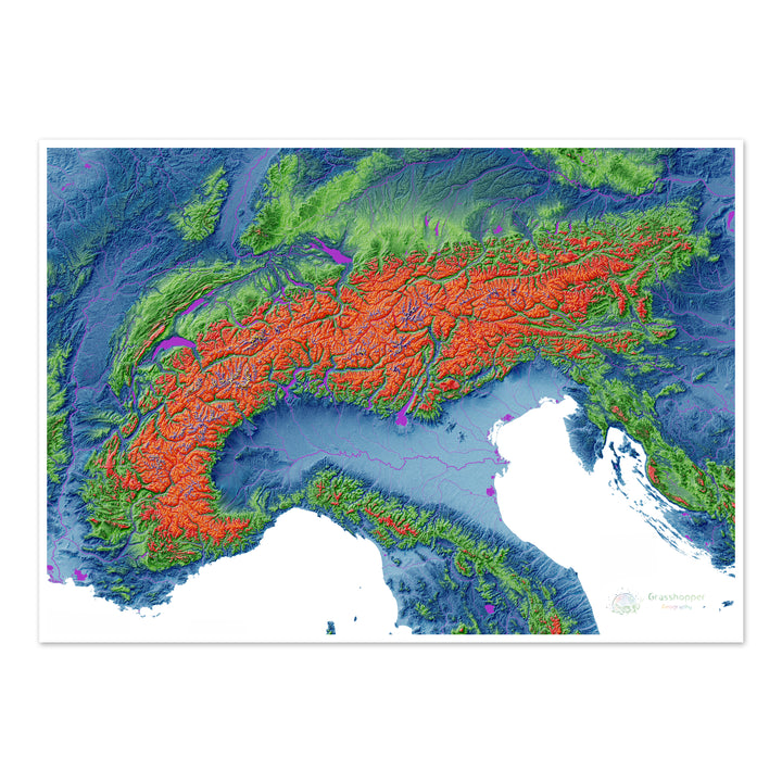 Los Alpes - Mapa de elevación, blanco - Impresión de Bellas Artes