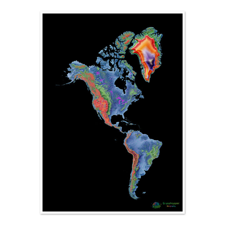 Elevation map of the Americas with black background - Fine Art Print