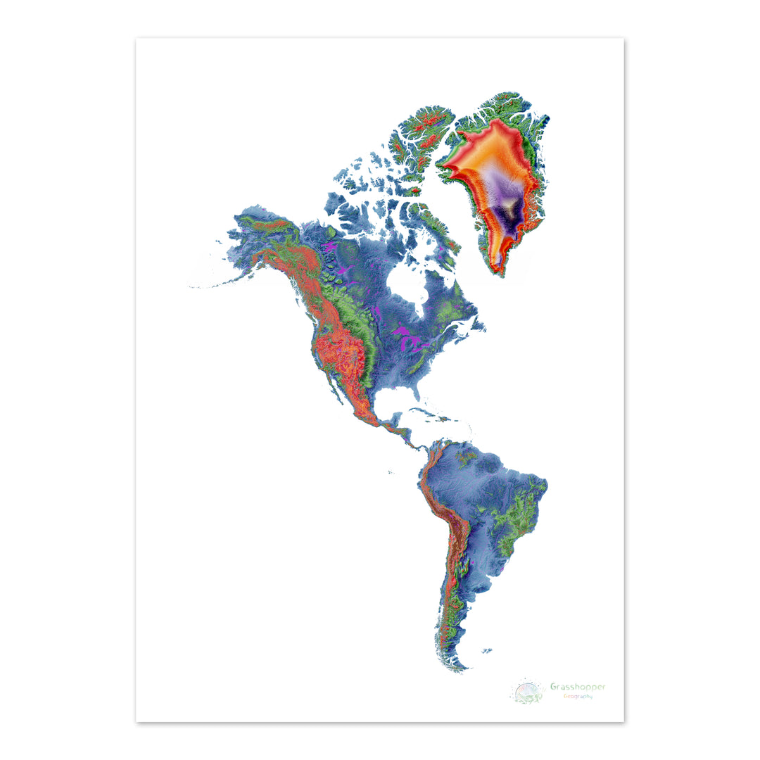 Elevation map of the Americas with white background - Fine Art Print