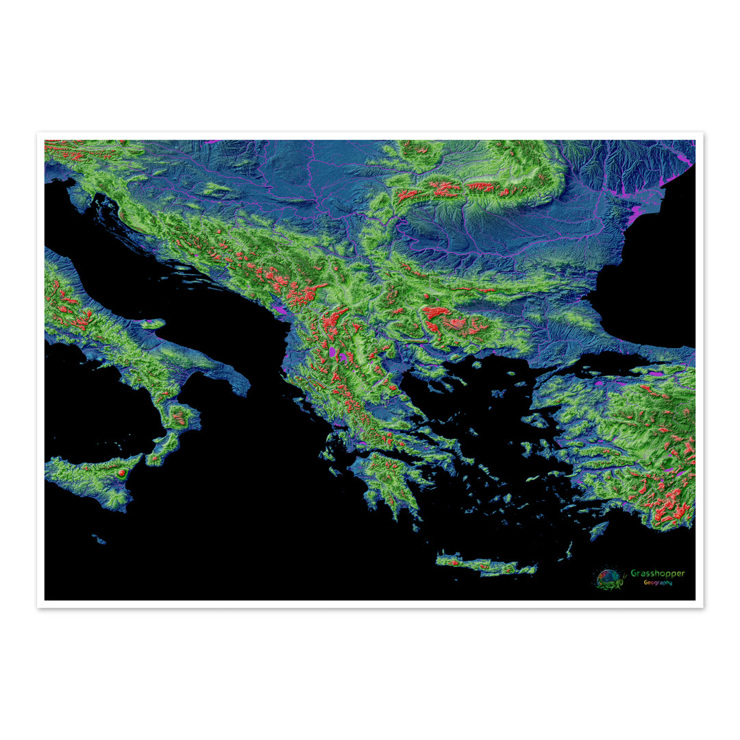 Los Balcanes - Mapa de elevación, negro - Impresión de Bellas Artes