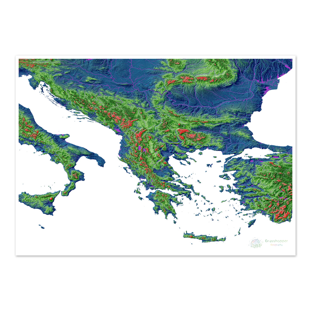 Les Balkans - Carte d'élévation, blanc - Tirage d'art