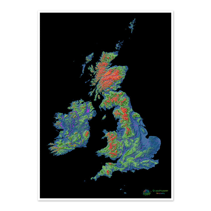 Elevation map of the British Isles with black background - Fine Art Print