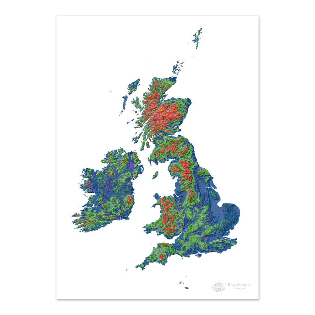 Las Islas Británicas - Mapa de elevación, blanco - Impresión de Bellas Artes