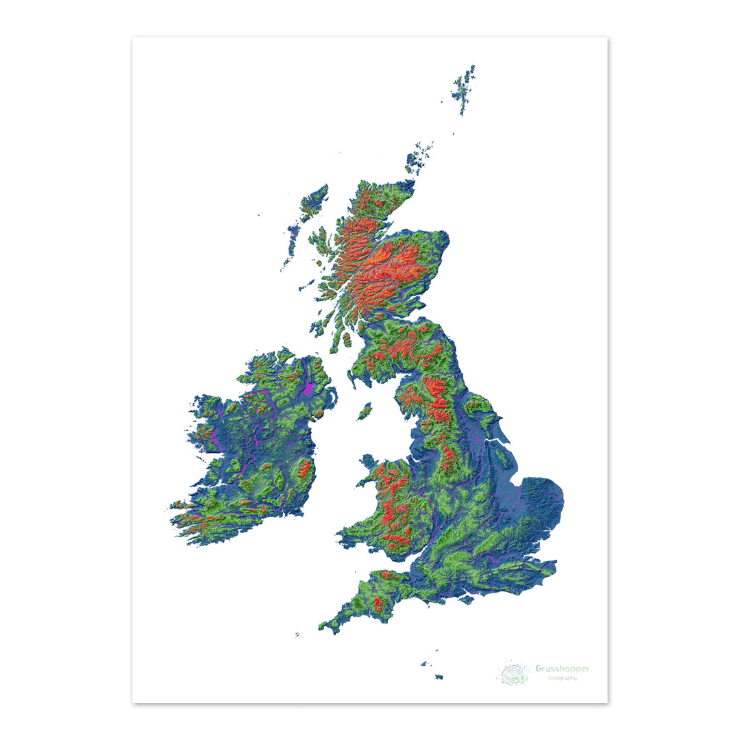 Les îles britanniques - Carte d'élévation, blanc - Tirage d'art