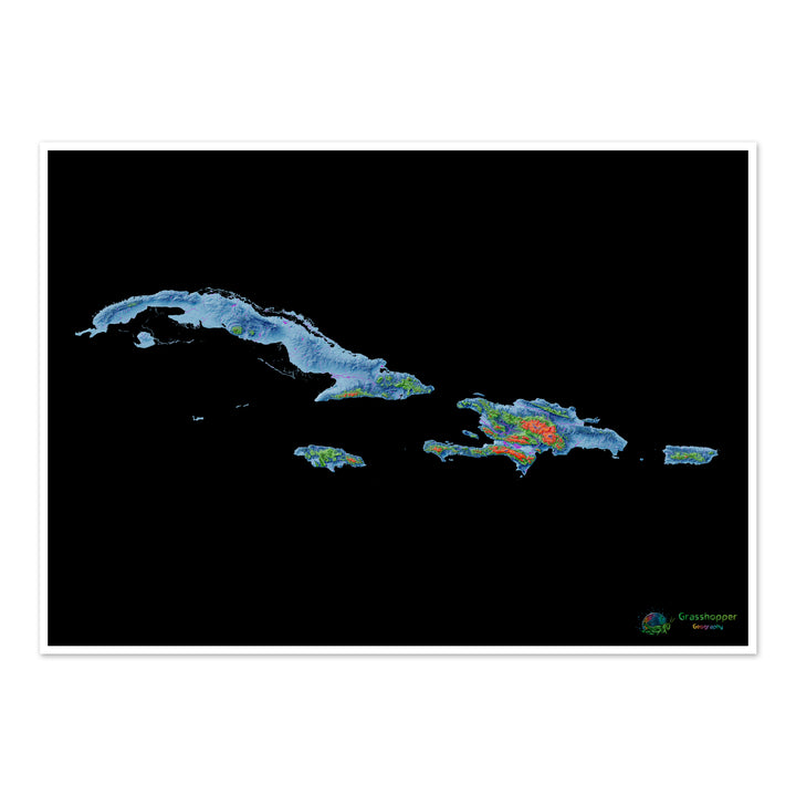 Las Antillas Mayores - Mapa de elevación, negro - Impresión de Bellas Artes