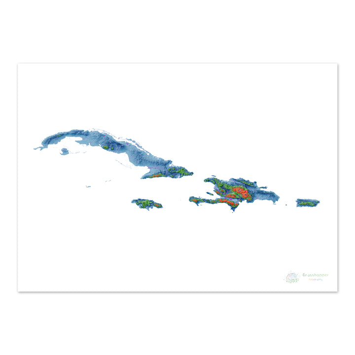 The Greater Antilles - Elevation map, white - Fine Art Print