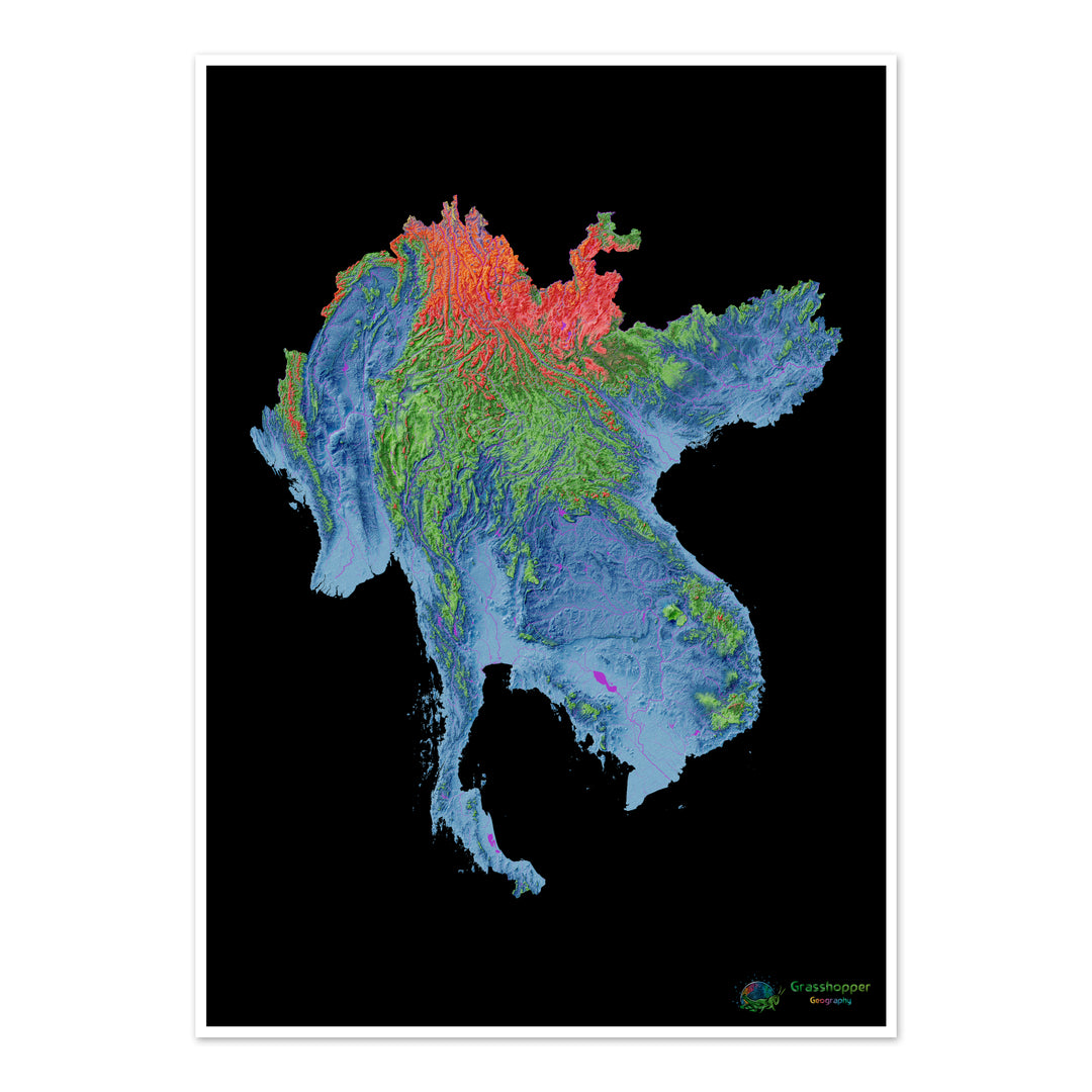 Elevation map of the Greater Mekong Subregion with black background - Fine Art Print