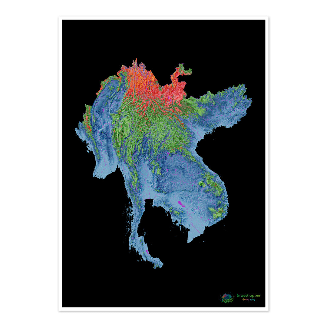 La subregión del Gran Mekong - Mapa de elevación, negro - Impresión de Bellas Artes