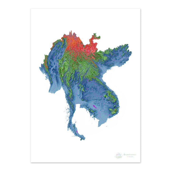 La subregión del Gran Mekong - Mapa de elevación, blanco - Impresión de bellas artes