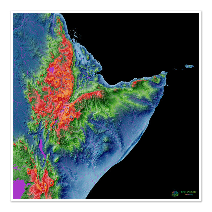 El Cuerno de África - Mapa de elevación, negro - Impresión de Bellas Artes