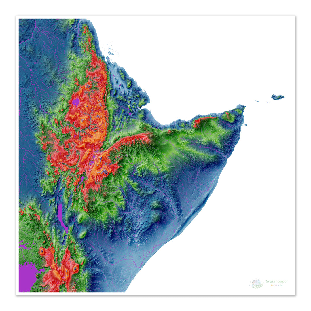 Elevation map of the Horn of Africa with white background - Fine Art Print