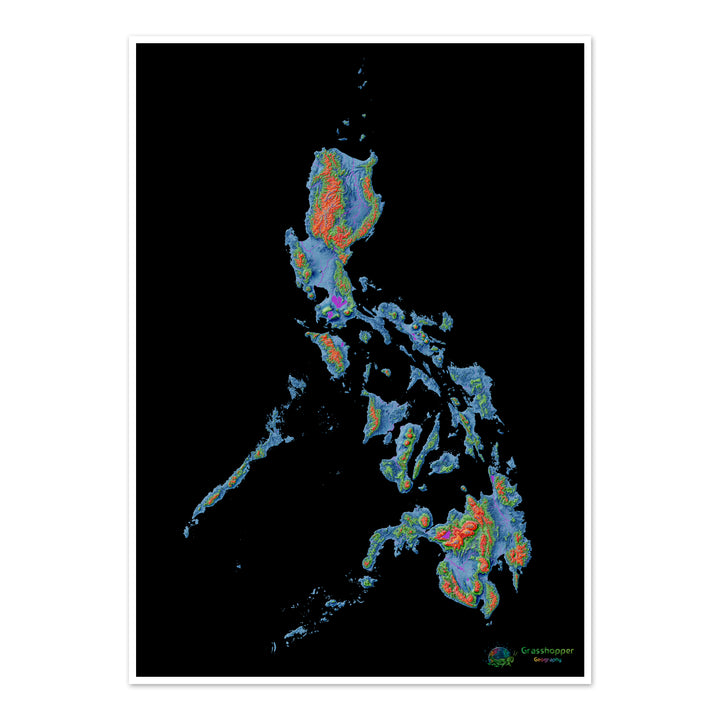 Filipinas - Mapa de elevación, negro - Impresión de Bellas Artes