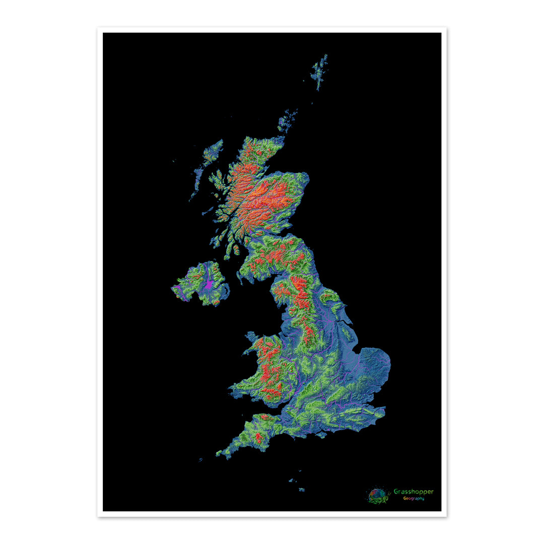 Royaume-Uni - Carte d'élévation, noir - Tirage d'art