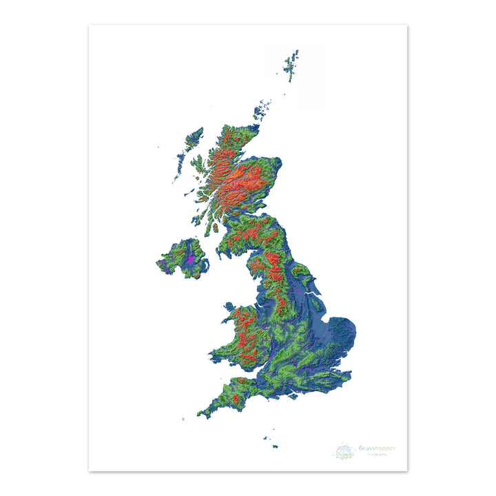 Reino Unido - Mapa de elevación, blanco - Impresión de Bellas Artes