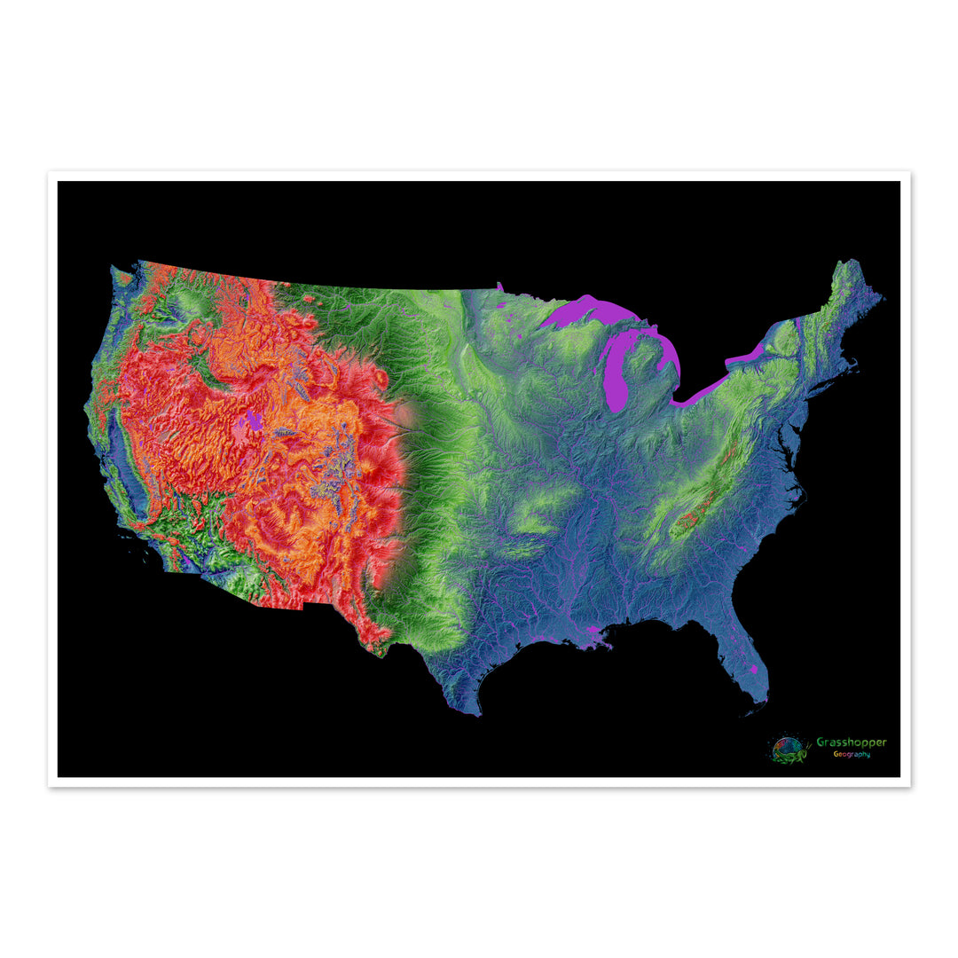 The United States - Elevation map, black - Fine Art Print