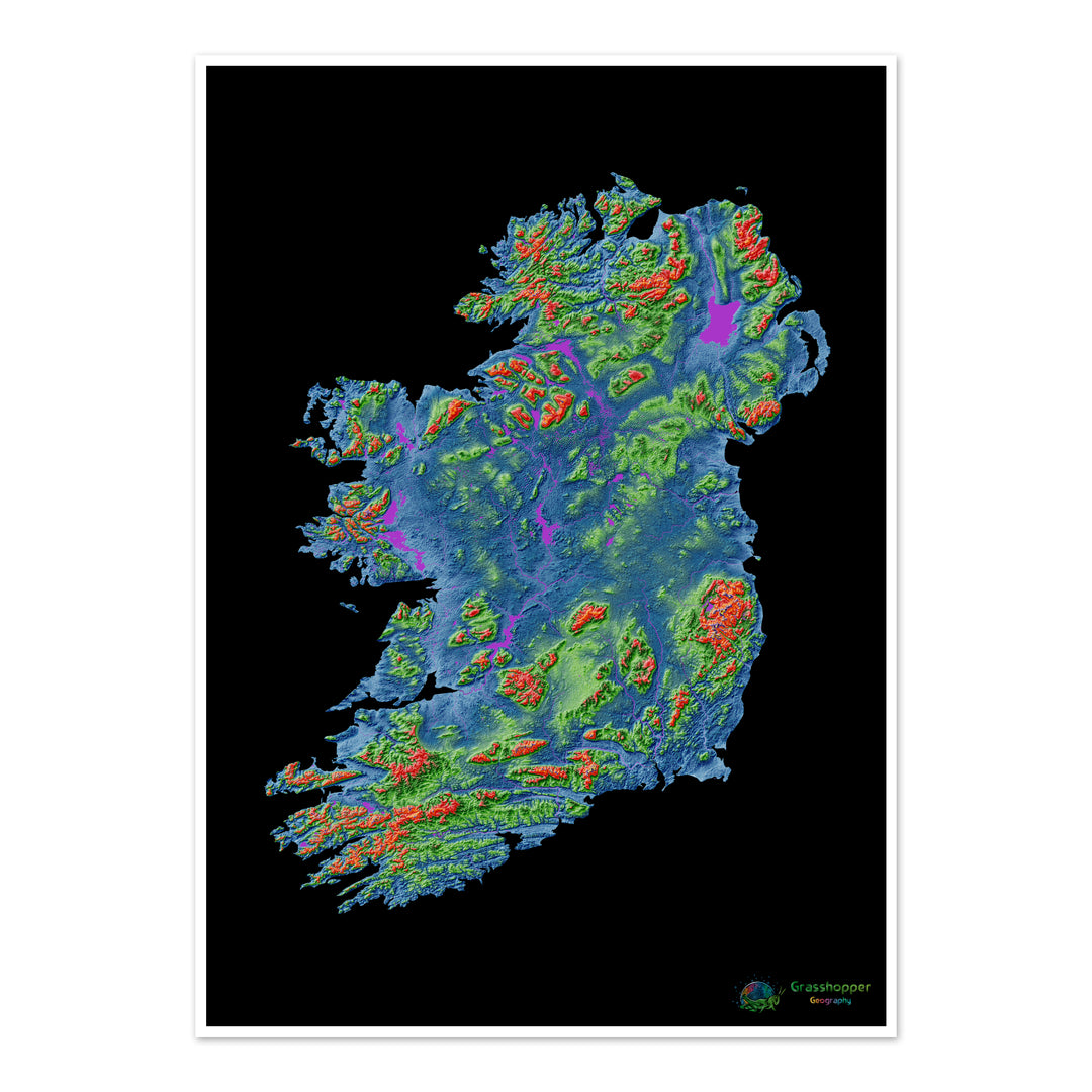 Elevation map of the island of Ireland with black background - Fine Art Print