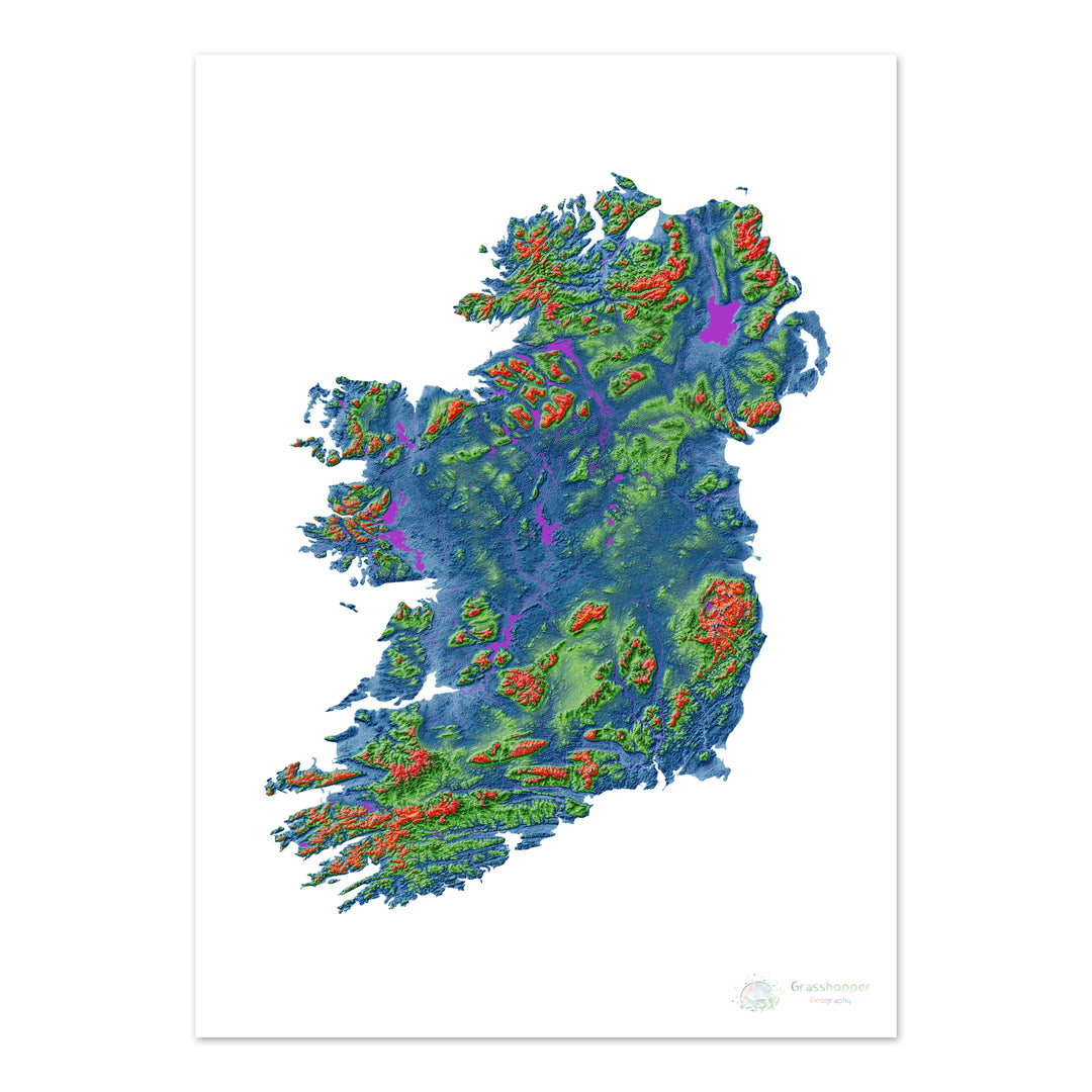 La isla de Irlanda - Mapa de elevación, blanco - Impresión de Bellas Artes