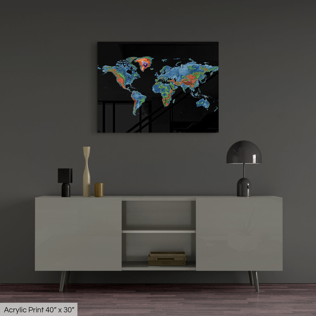 The World - Elevation map, black - Wall Art