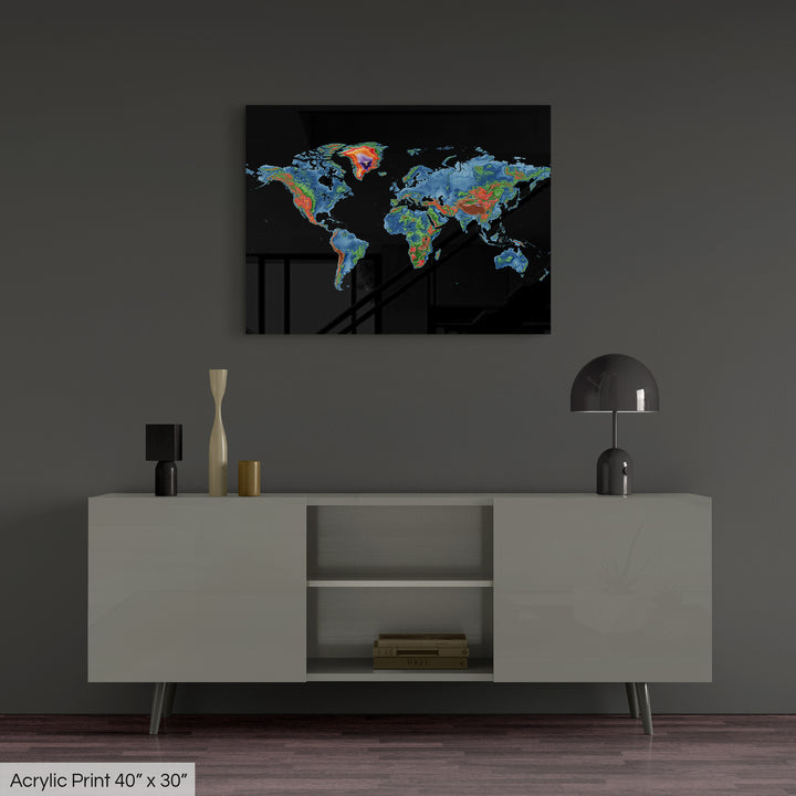 The World - Elevation map, black - Wall Art