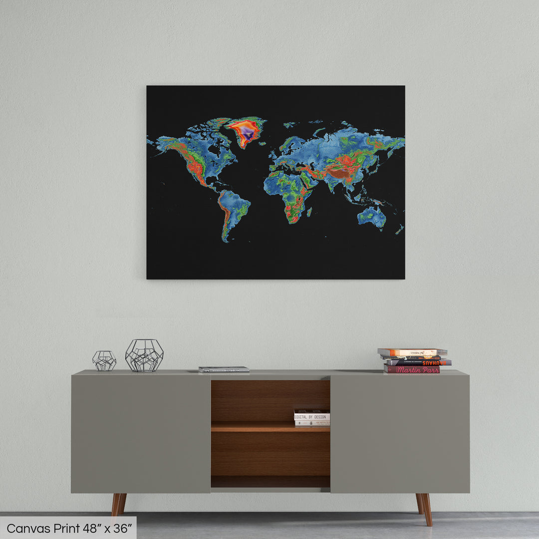 The World - Elevation map, black - Wall Art