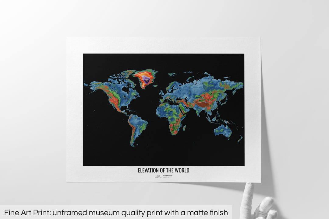 The World - Elevation map, black - Wall Art