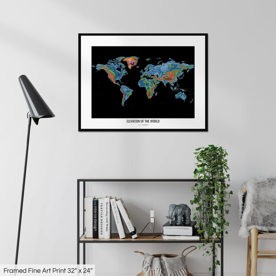 The World - Elevation map, black - Wall Art