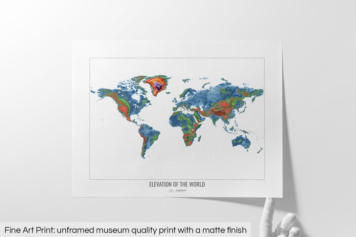 The World - Elevation map, white - Wall Art