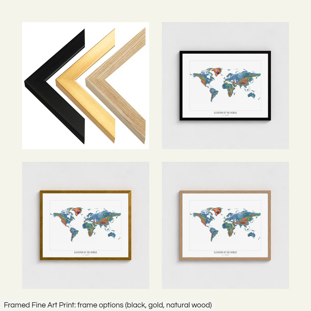 The World - Elevation map, white - Wall Art