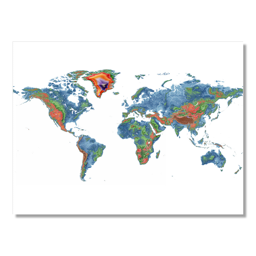 The World - Elevation map, white - Wall Art
