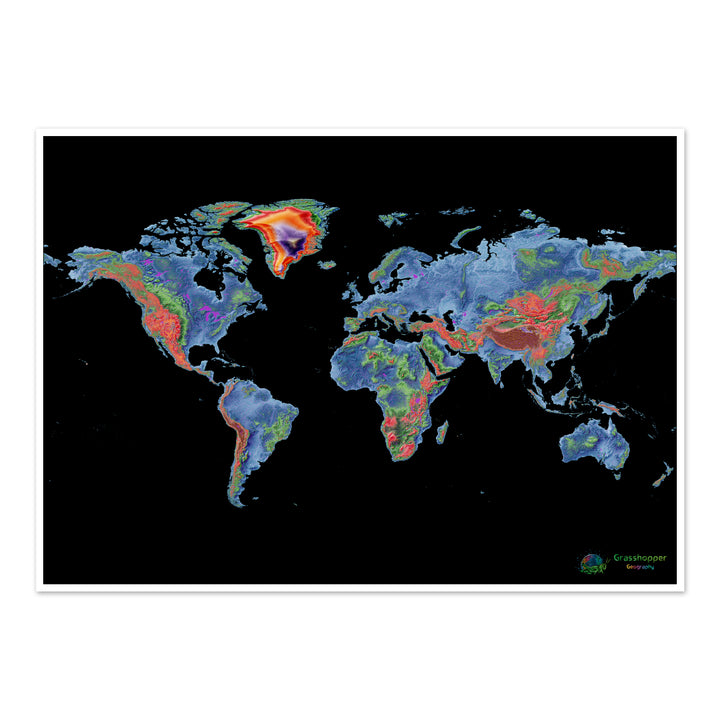 El mundo - Mapa de elevación, negro - Impresión de Bellas Artes