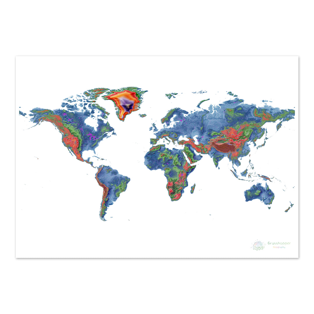 The world - Elevation map, white - Fine Art Print