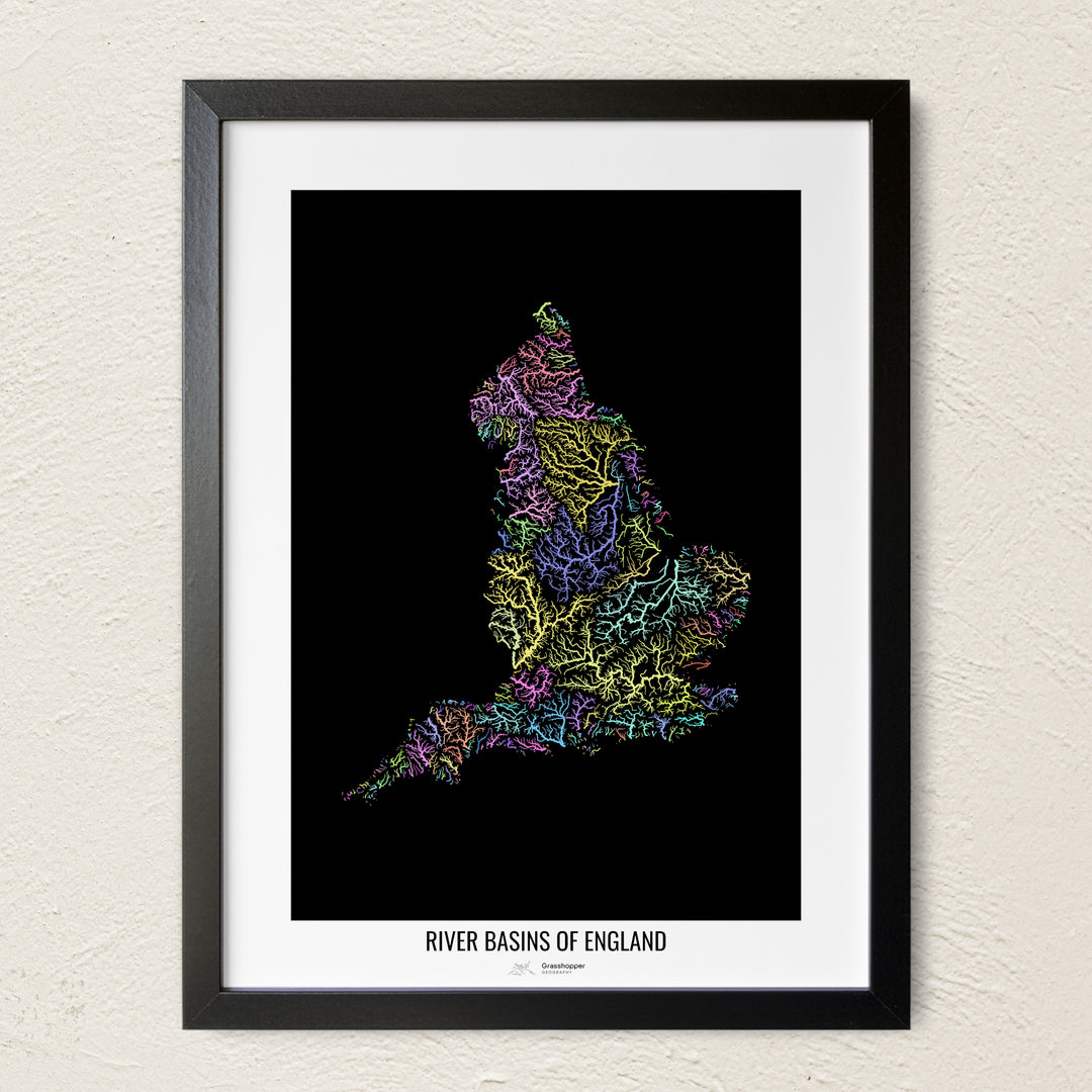 A colorful Grasshopper Geography river map on a light wall. The premium fine art poster is in a black frame with a white border. The name of the country, continent or region is printed under the image.