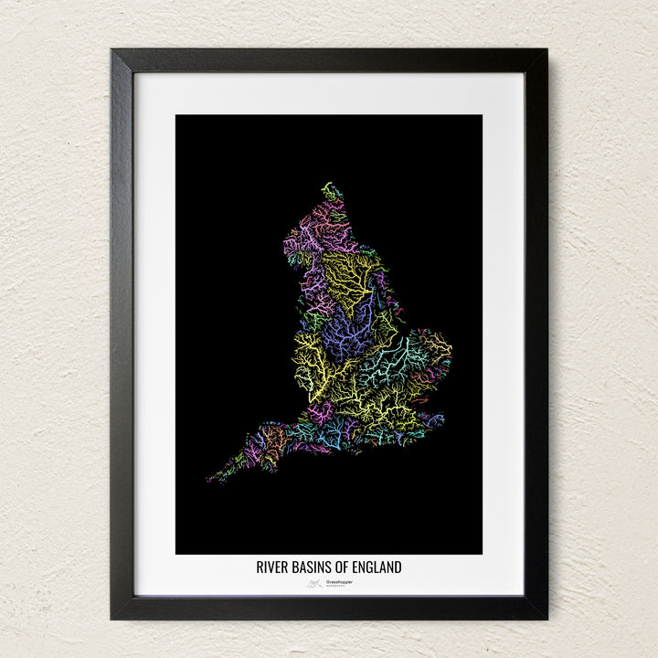 A colorful Grasshopper Geography river map on a light wall. The premium fine art poster is in a black frame with a white border. The name of the country, continent or region is printed under the image.