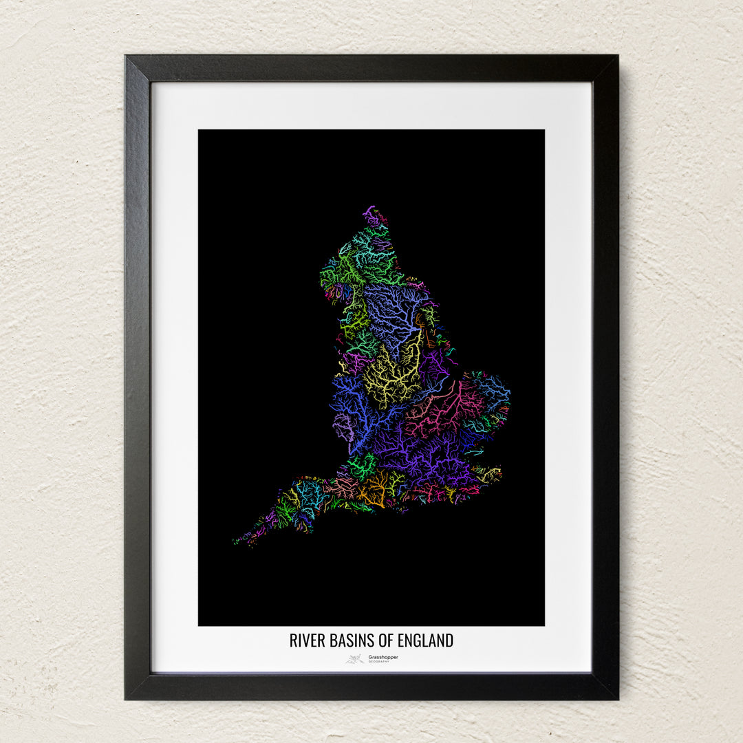 A colorful Grasshopper Geography river map on a light wall. The premium fine art poster is in a black frame with a white border. The name of the country, continent or region is printed under the image.