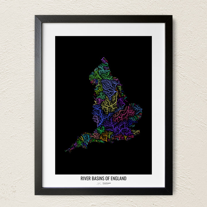 A colorful Grasshopper Geography river map on a light wall. The premium fine art poster is in a black frame with a white border. The name of the country, continent or region is printed under the image.