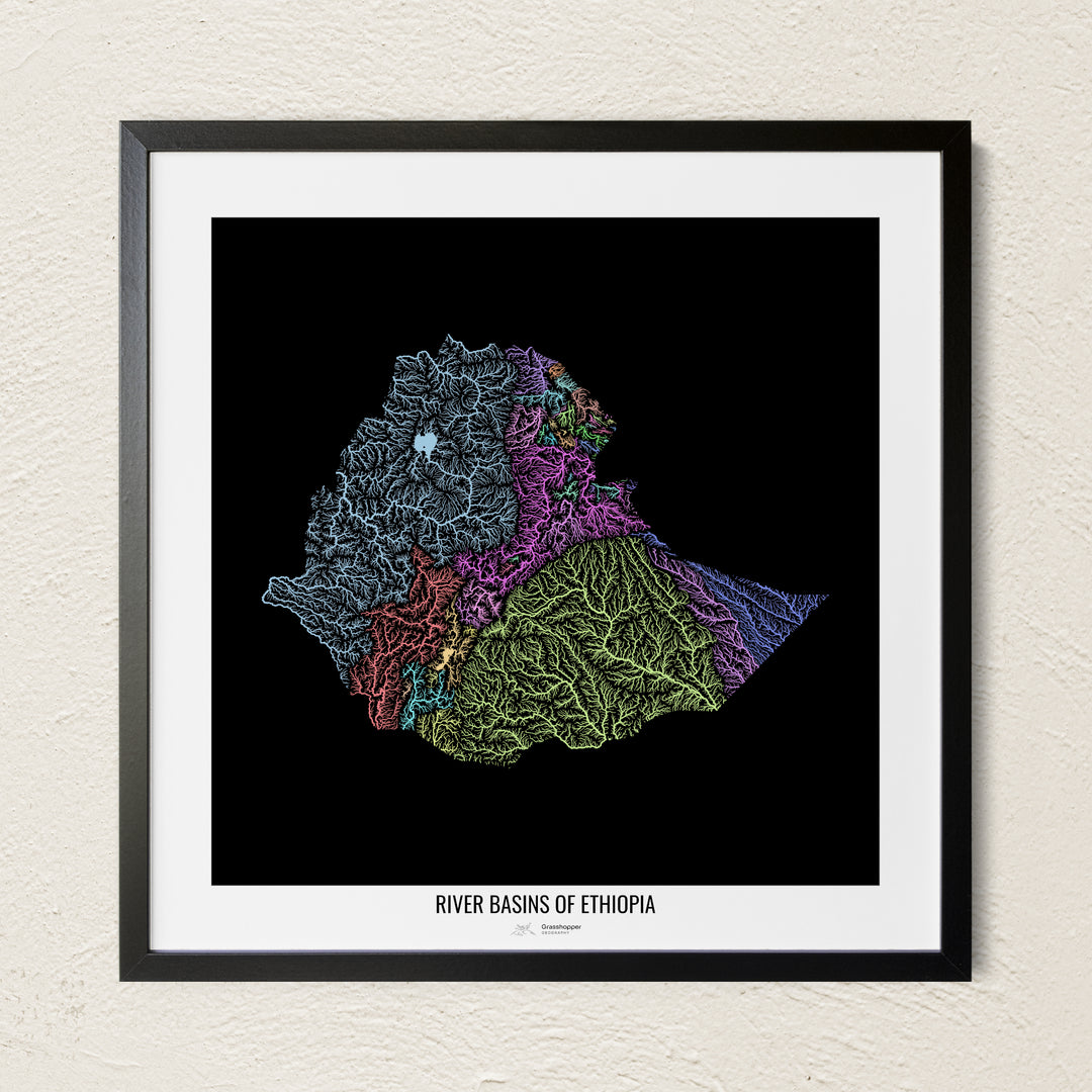 A colorful Grasshopper Geography river map on a light wall. The premium fine art poster is in a black frame with a white border. The name of the country, continent or region is printed under the image.