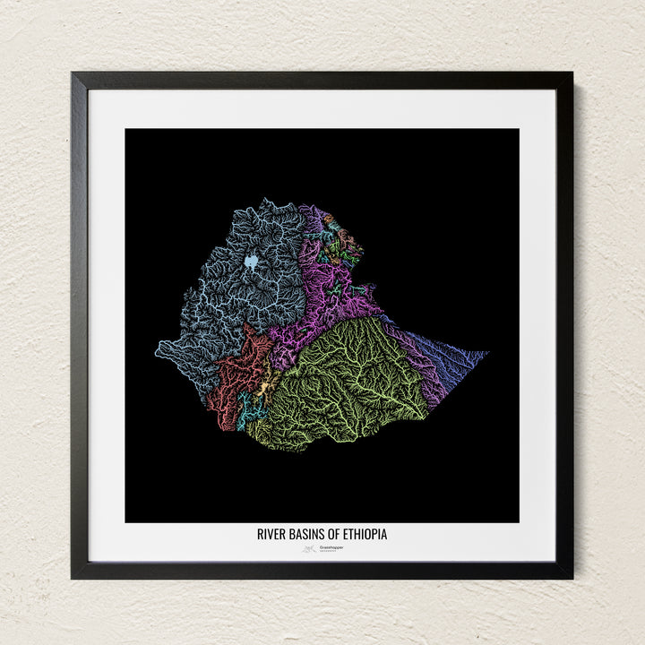A colorful Grasshopper Geography river map on a light wall. The premium fine art poster is in a black frame with a white border. The name of the country, continent or region is printed under the image.