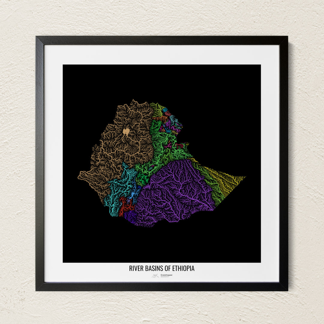 A colorful Grasshopper Geography river map on a light wall. The premium fine art poster is in a black frame with a white border. The name of the country, continent or region is printed under the image.