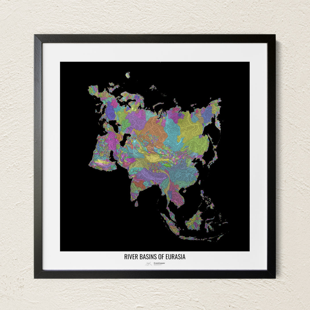 A colorful Grasshopper Geography river map on a light wall. The premium fine art poster is in a black frame with a white border. The name of the country, continent or region is printed under the image.