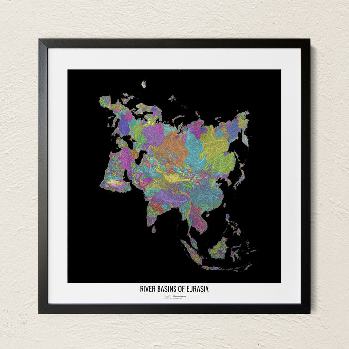 A colorful Grasshopper Geography river map on a light wall. The premium fine art poster is in a black frame with a white border. The name of the country, continent or region is printed under the image.